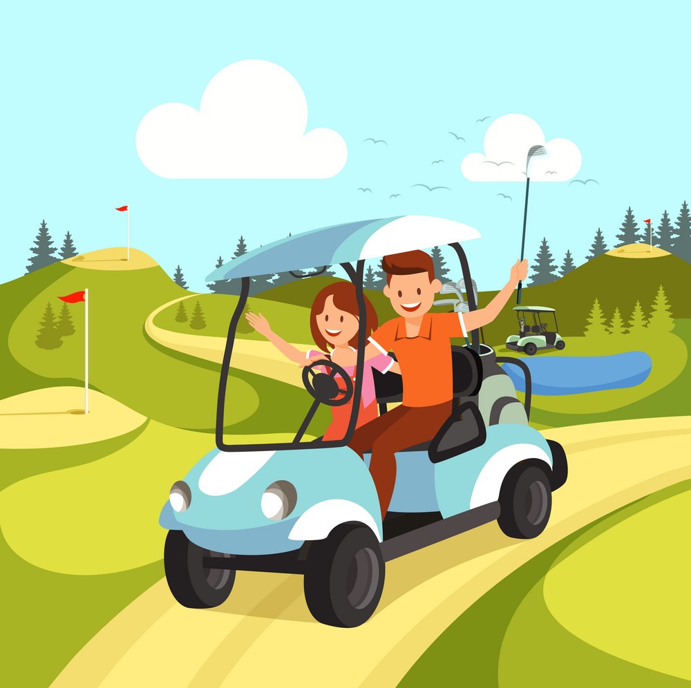couple young man and woman driving golf cart vector 24964529